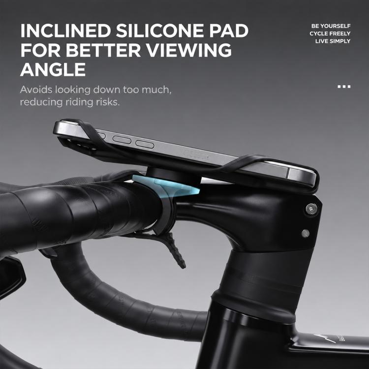 Black silicone bike phone holder with angled viewing bracket and handlebar mount