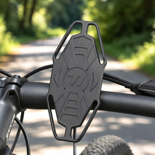 Dark gray silicone bike phone holder with anti-slip grip and handlebar clamp arms