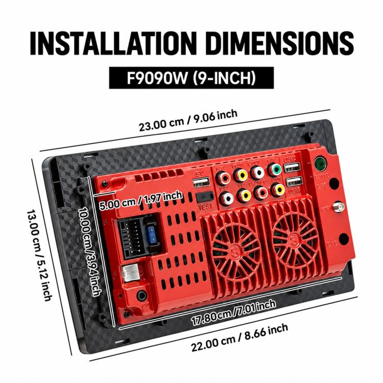 Double-DIN car head unit rear view with red heatsink and multiple connector ports