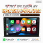 Double-DIN in-dash MP5 player with touchscreen showing phone, music, maps, and settings