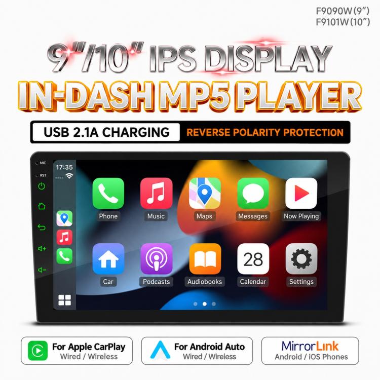 Double-DIN in-dash MP5 player with touchscreen showing phone, music, maps, and settings
