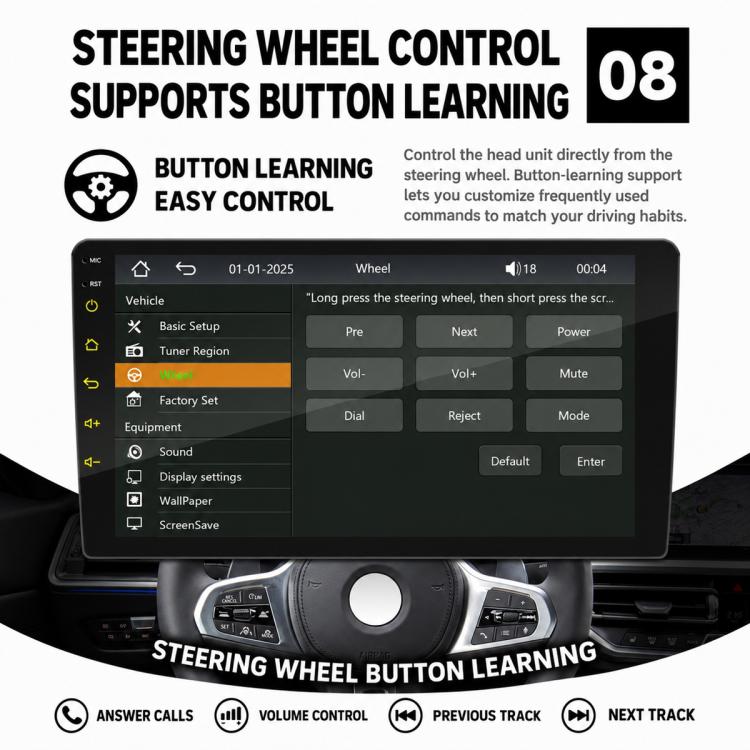 Double-DIN car stereo touchscreen showing steering wheel button learning settings