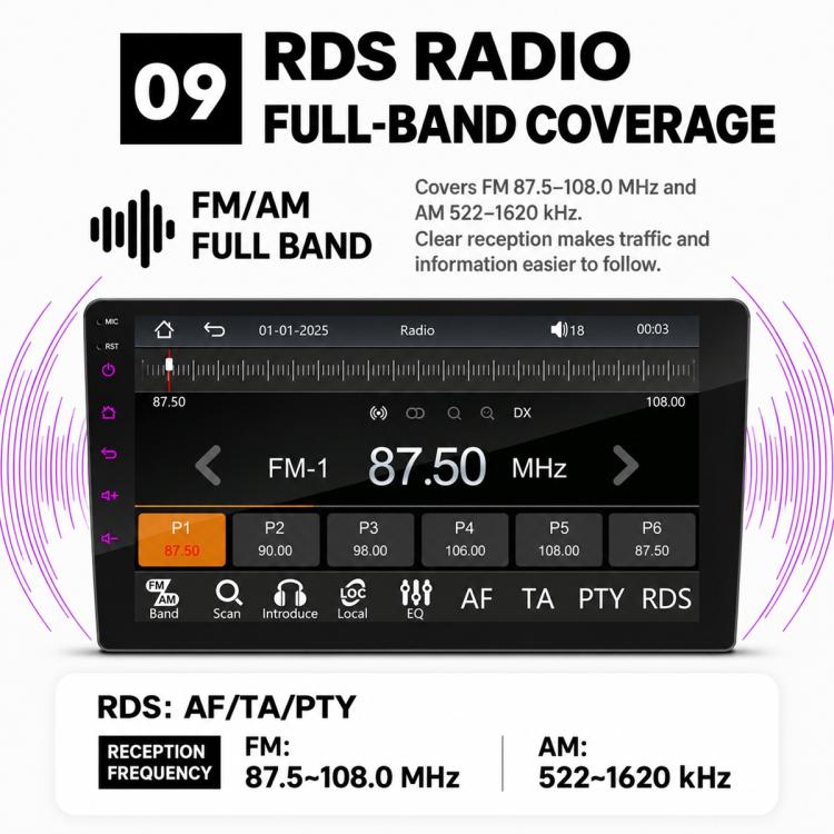 Car stereo touchscreen showing FM radio tuning and station frequency display