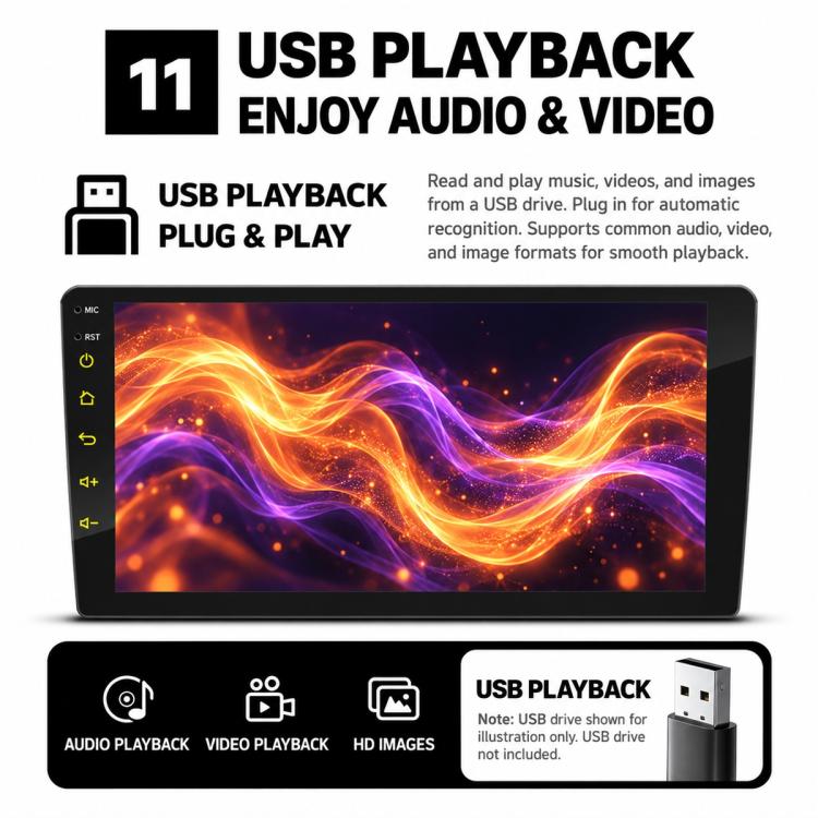 Double-DIN car stereo touchscreen showing USB playback with colorful waveform graphics