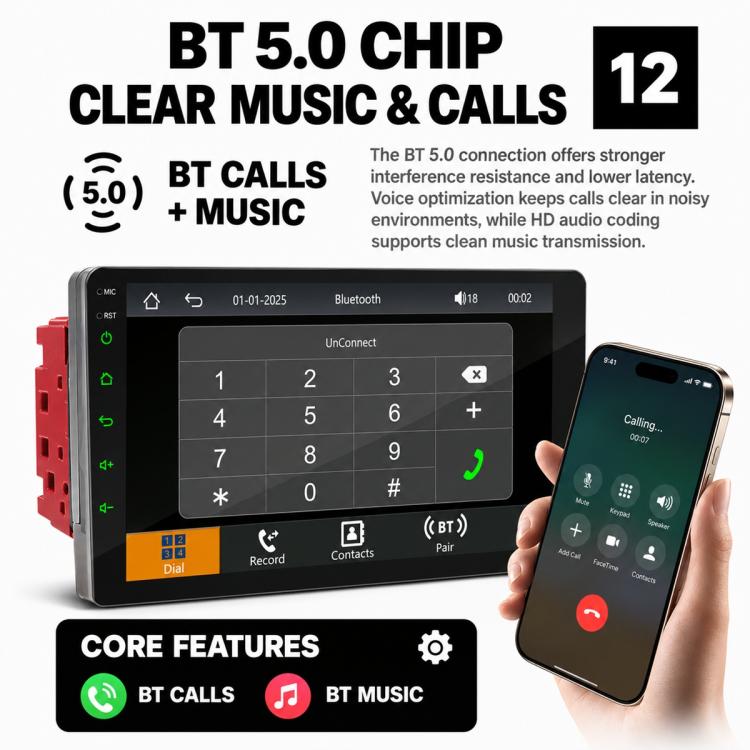 Double-DIN car stereo with Bluetooth calling screen and smartphone call controls