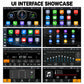 Car stereo touchscreen showing app, radio, music, and settings interface screens