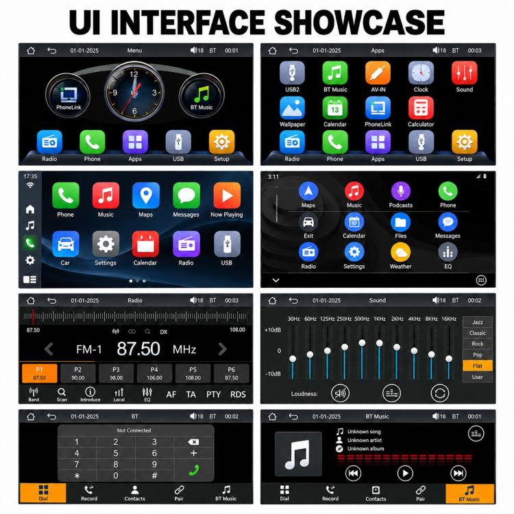 Car stereo touchscreen showing app, radio, music, and settings interface screens