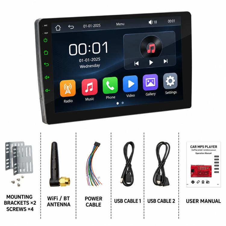 Double-DIN car MP5 player touchscreen with Wi-Fi/BT antenna, power and USB cables