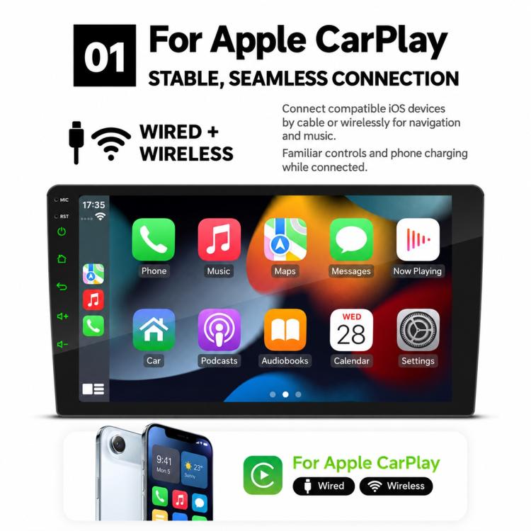 Double-DIN car MP5 player with touchscreen showing Apple CarPlay app icons