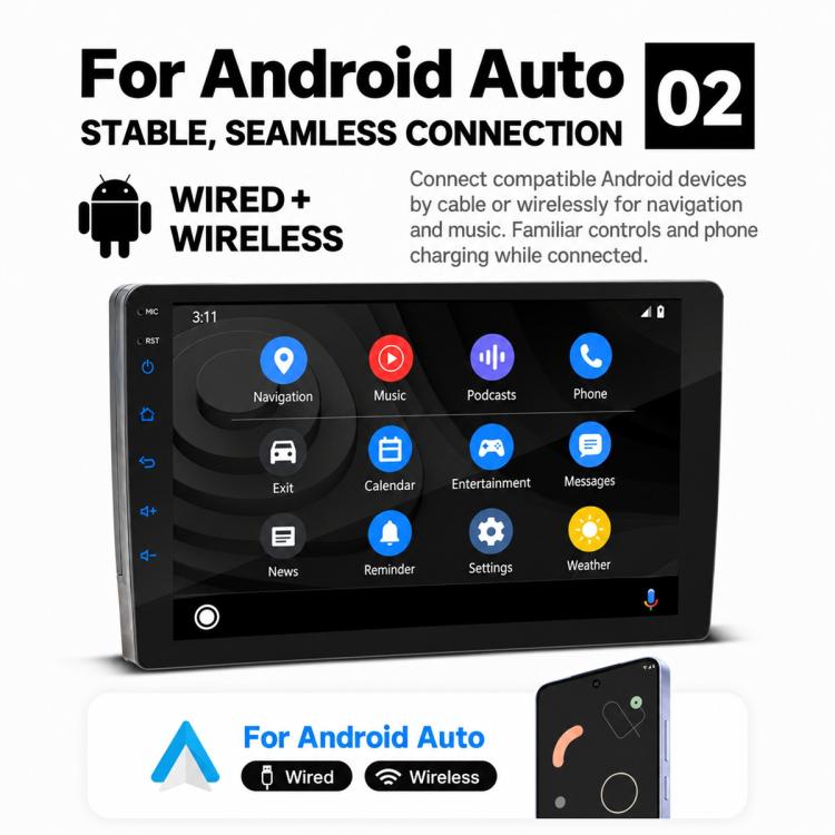 Double-DIN car MP5 player with touchscreen showing Android Auto app icons