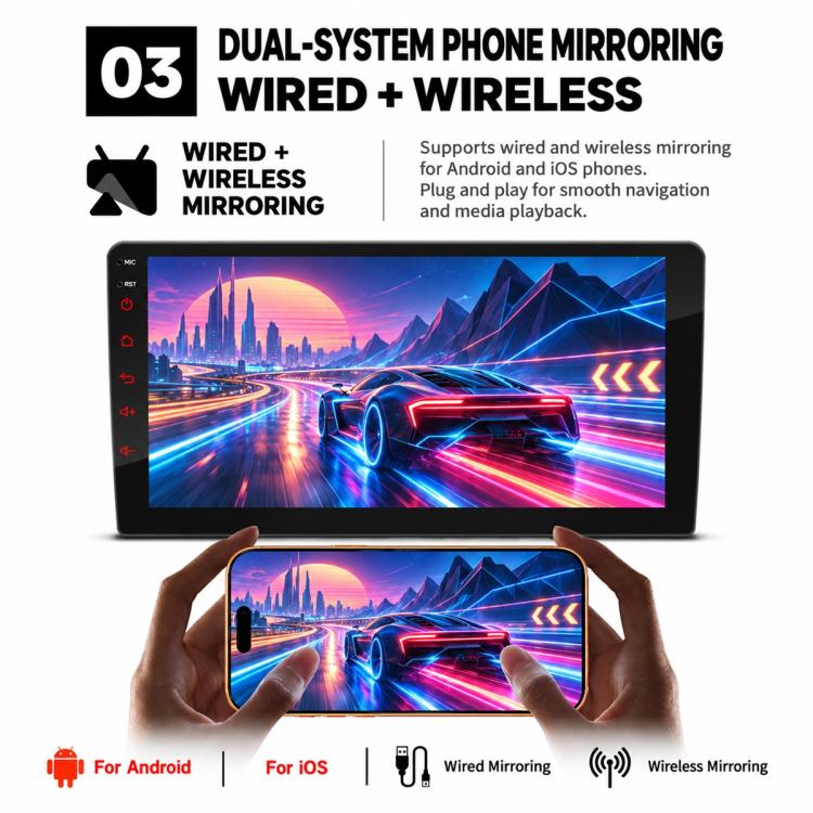 Double-DIN car MP5 player touchscreen showing wired and wireless phone mirroring