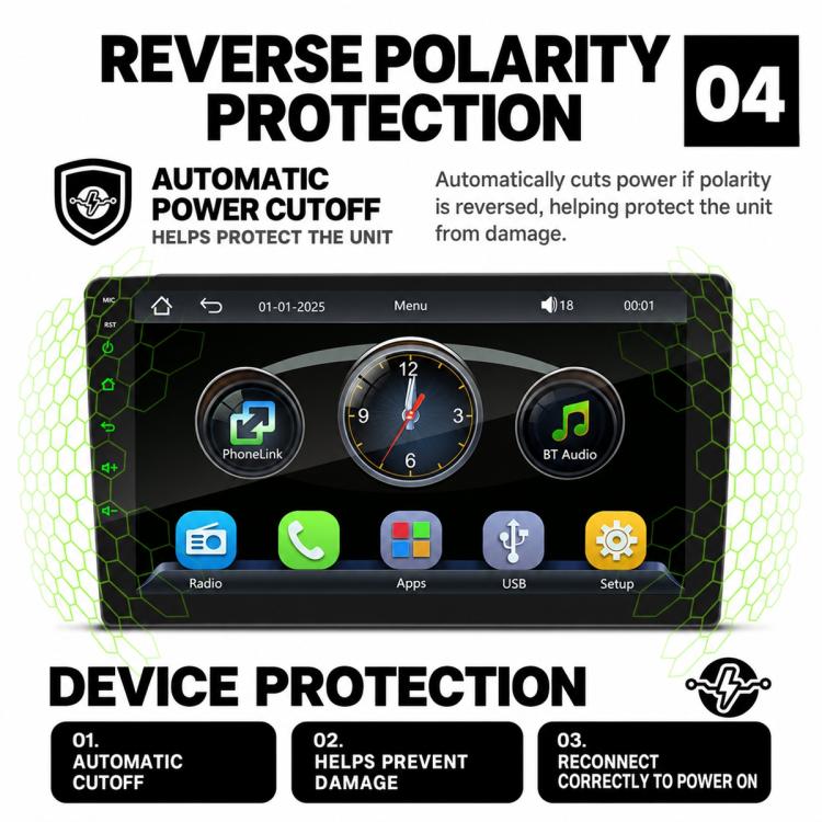 Black double-DIN car stereo with touchscreen showing phone link, BT audio, Radio, USB