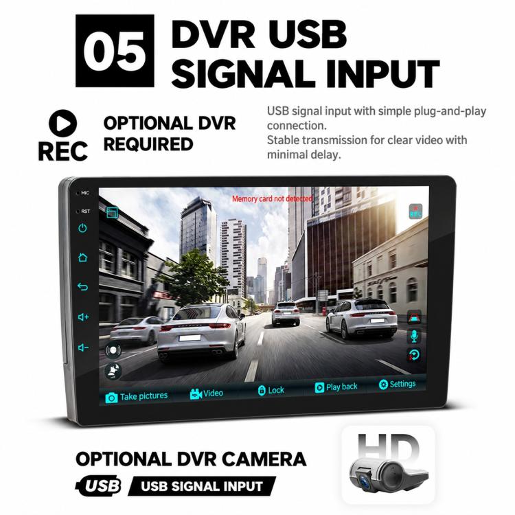 Double-DIN car stereo touchscreen with video preview screen and DVR USB signal interface