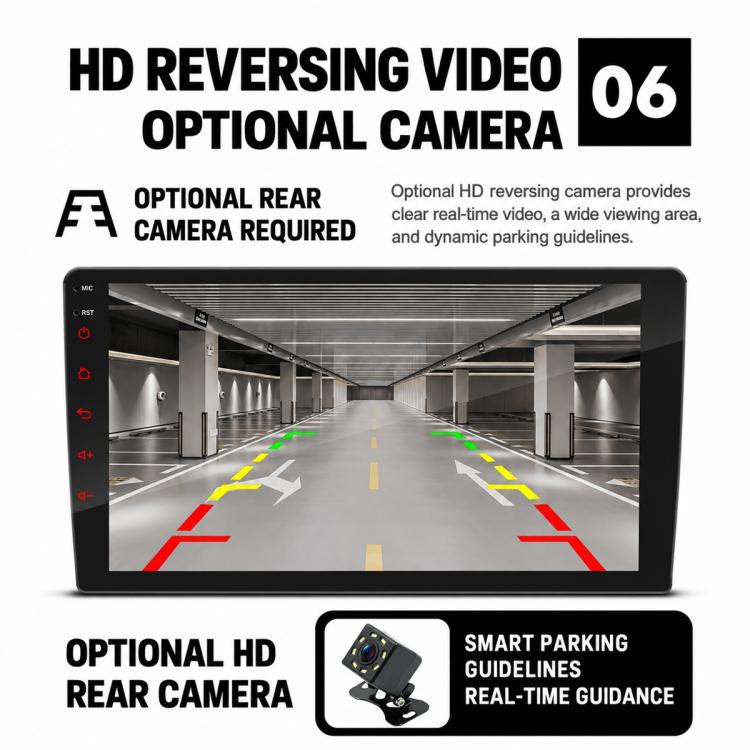 Car stereo touchscreen displaying rear-view camera parking guide lines