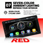 Double-DIN car stereo touchscreen with six icon menu and visible seven-color ambient lighting