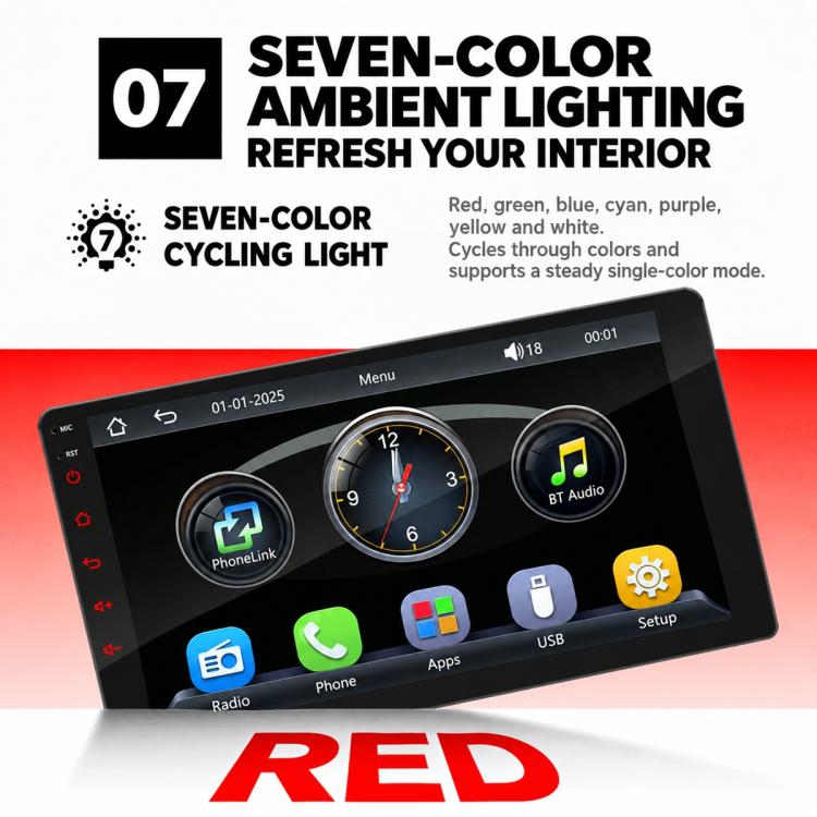 Double-DIN car stereo touchscreen with six icon menu and visible seven-color ambient lighting