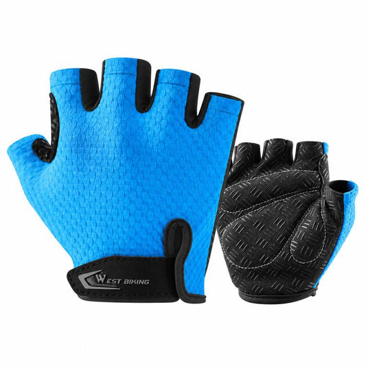 Kids blue half-finger bicycle gloves with black textured grip palms and wrist strap.