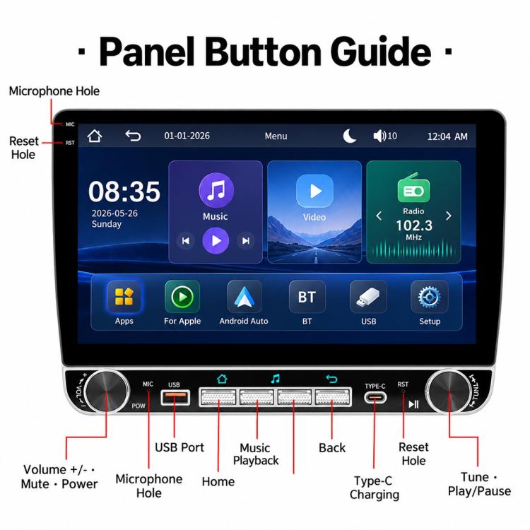 10.1 inch IPS Double-DIN Car MP5 Player Wireless CarPlay/Android Auto Bluetooth HD Display