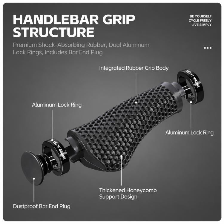 Black honeycomb MTB handlebar grips with aluminum lock rings and bar-end dust plugs