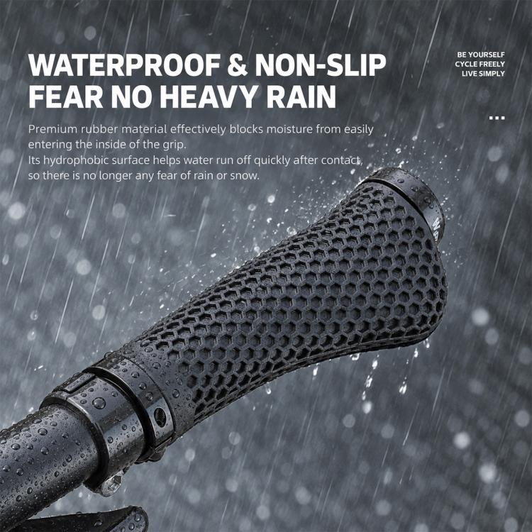 Black honeycomb MTB handlebar grips with water droplets for waterproof non-slip grip