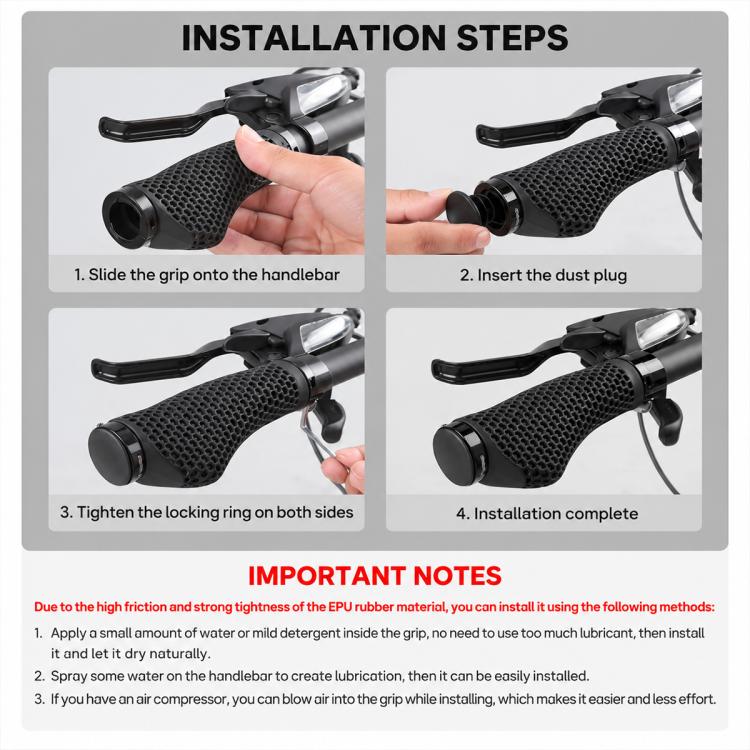 Black honeycomb handlebar grips shown being installed with dust plugs and locking rings