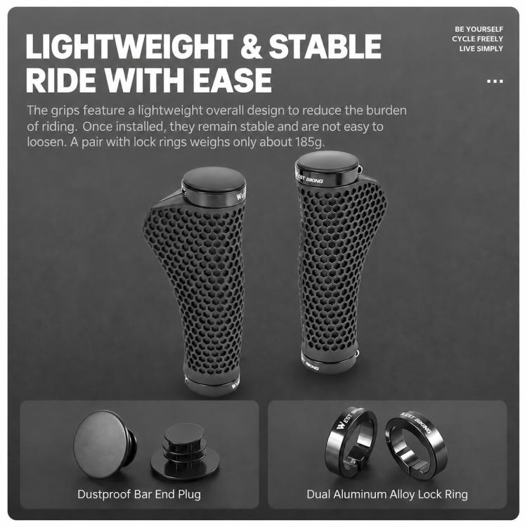 Pair of black honeycomb MTB handlebar grips with anti-slip texture and lock rings