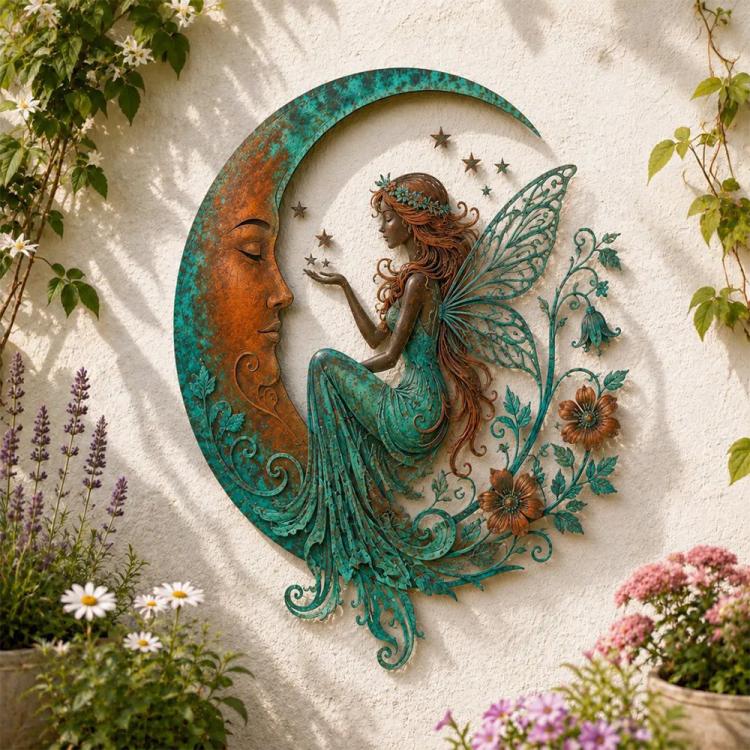 Acrylic circular wall decoration with teal fairy holding a staff and star accents