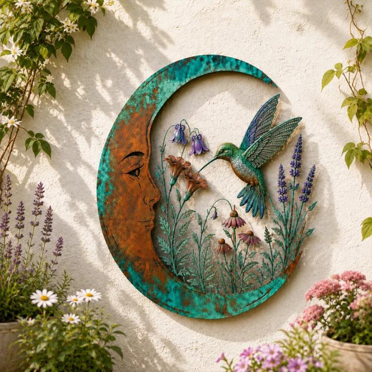 Acrylic circular wall decoration with teal hummingbird and colorful wildflowers