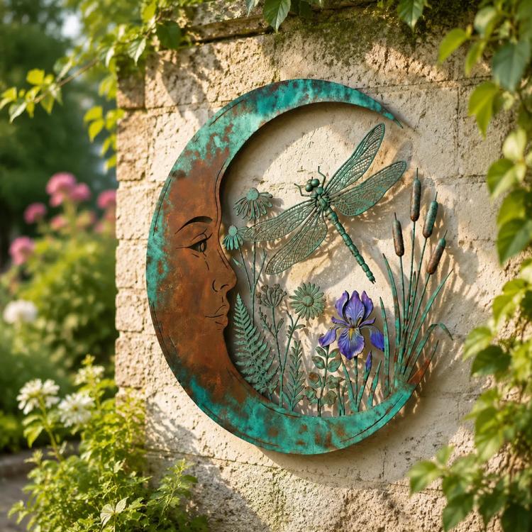 Moon-shaped wall decoration with teal dragonflies, wildflowers, and crescent moon face