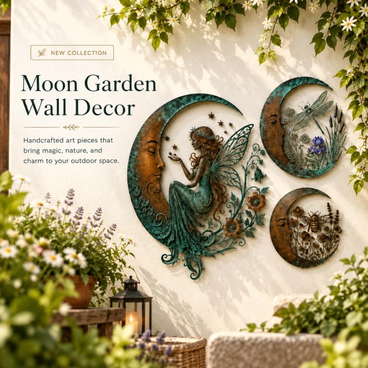 Set of three moon garden wall decor plaques with fairy and dragonfly designs
