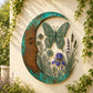Moon-shaped wall decoration with large teal dragonfly, wildflowers, and crescent face