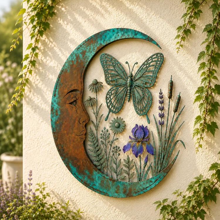 Moon-shaped wall decoration with large teal dragonfly, wildflowers, and crescent face