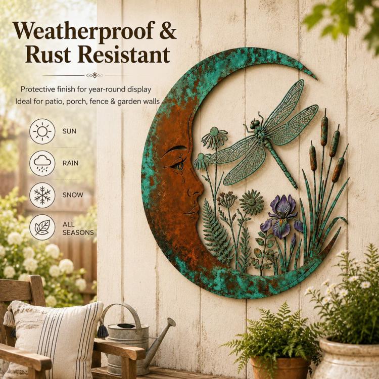 Moon-shaped wall decoration with dragonfly and purple wildflowers, teal patina frame