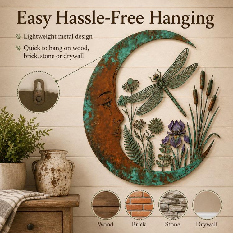 Moon-shaped wall decoration with dragonfly, reeds, and purple flowers in teal frame