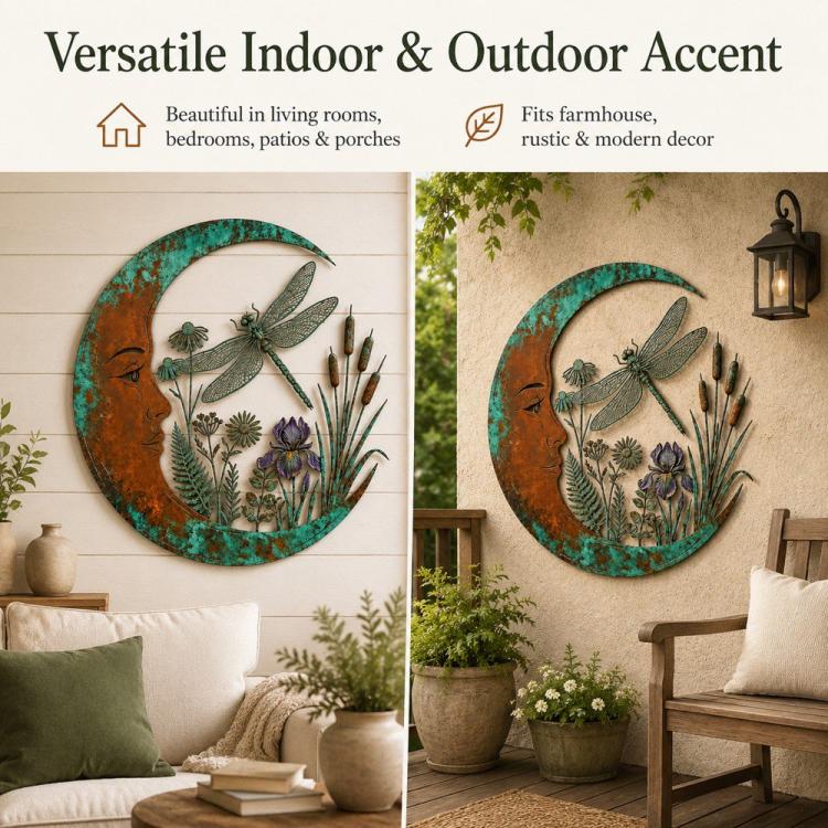 Pair of moon-shaped wall decorations with dragonfly and wildflower details