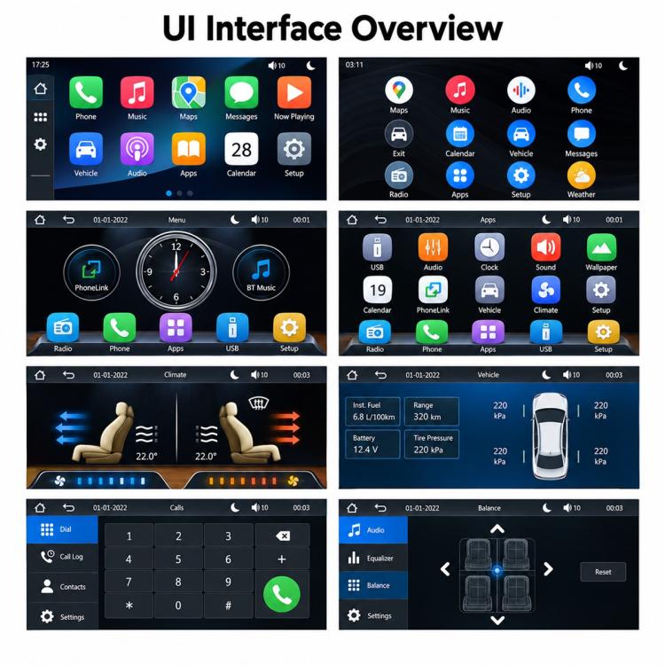 Car stereo touchscreen UI showing music, phone, apps, and vehicle menu icons