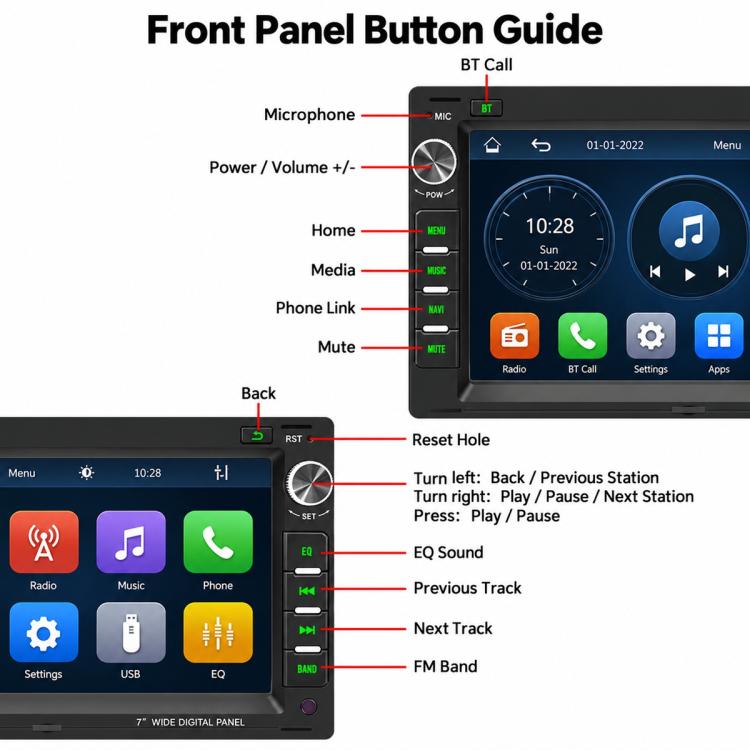 Car stereo front panel button layout with microphone, power, home, and call controls
