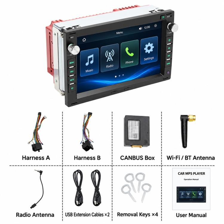 Car stereo head unit kit with harnesses, CANBUS box, Wi-Fi/BT antenna, and keys