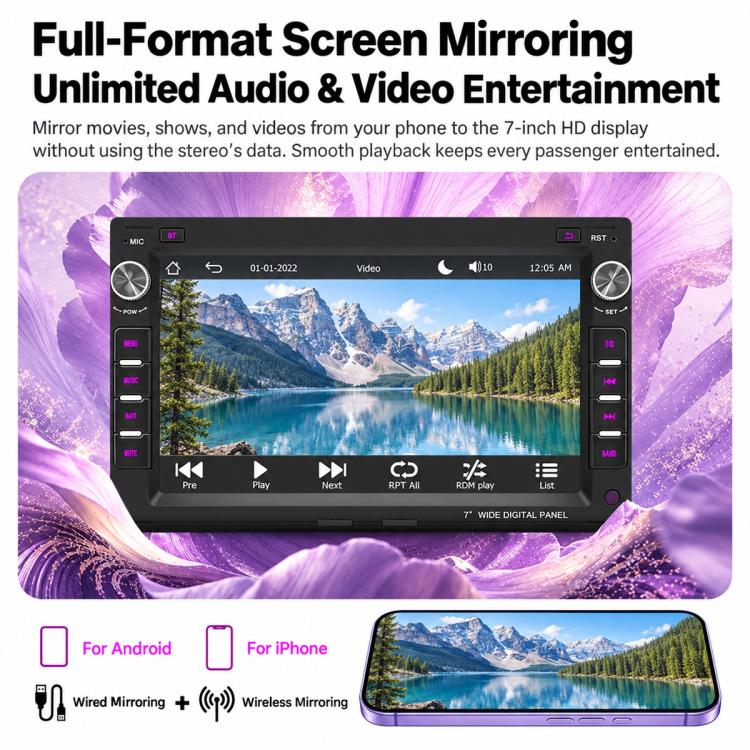 7-inch car multimedia touchscreen showing video playback interface