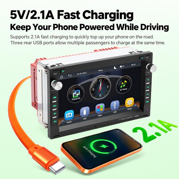Car MP5 multimedia receiver with 5V/2.1A charging cable and 7-inch touchscreen