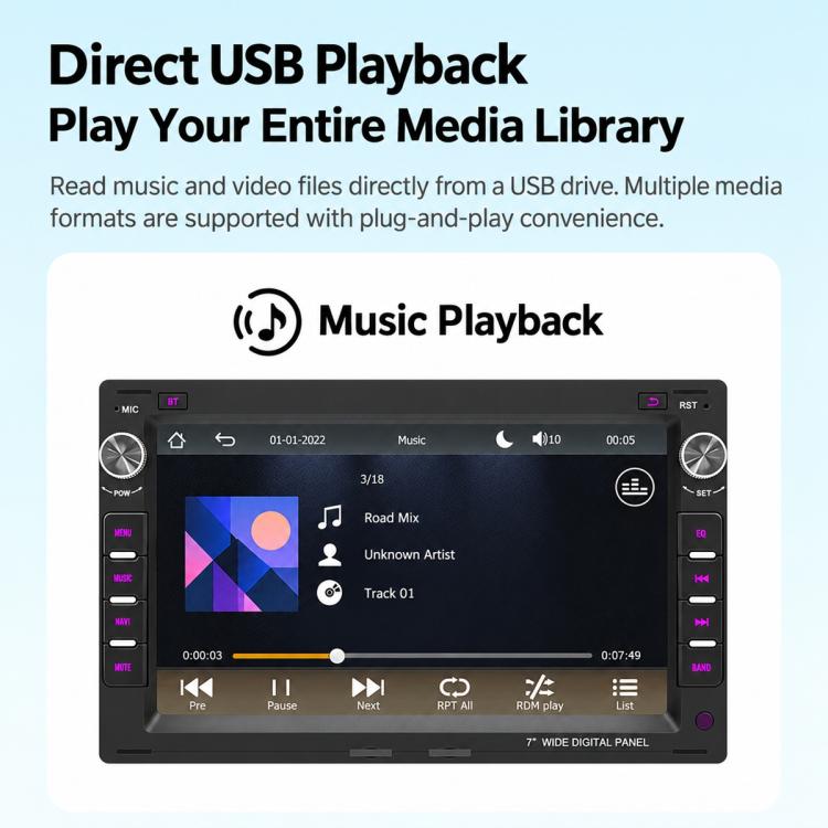In-dash MP5 stereo with touchscreen music playback interface and control buttons