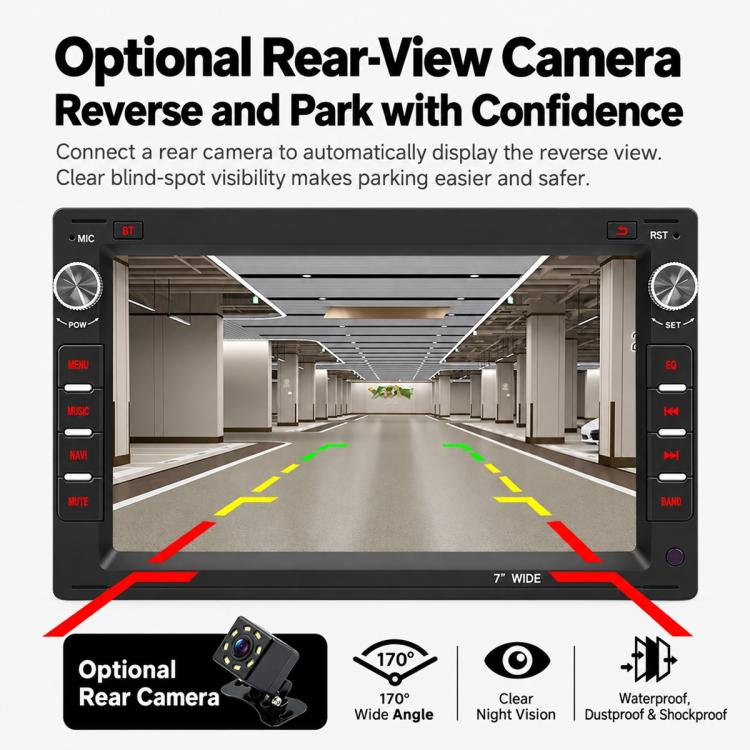 MP5 car stereo showing rear-view camera parking guidance lines on screen