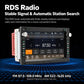 Car MP5 multimedia receiver with touchscreen showing FM radio station frequency