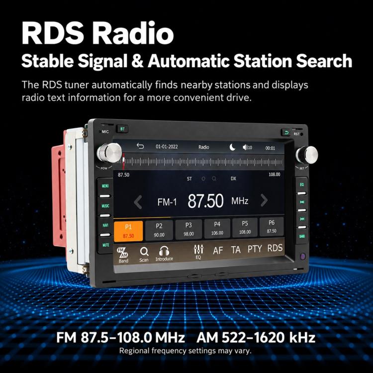 Car MP5 multimedia receiver with touchscreen showing FM radio station frequency