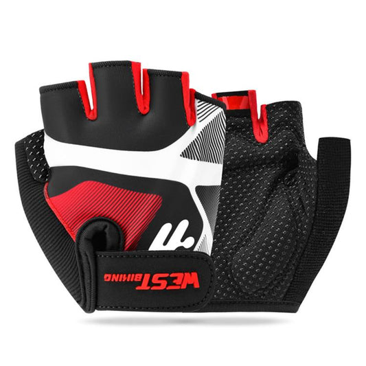 Kids half-finger cycling gloves, black with red accents and white graphic stripes.