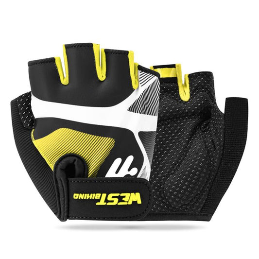 Kids half-finger cycling gloves, black with yellow accents and white graphic stripes.