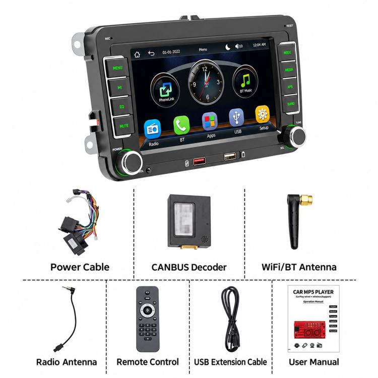 Car MP5 player kit with power cable, CANBUS decoder, WiFi/BT antenna, remote and manual