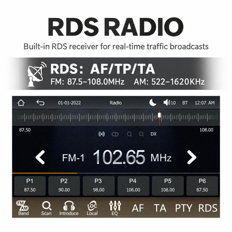 Car radio display showing FM frequency and RDS settings on a 7-inch touchscreen