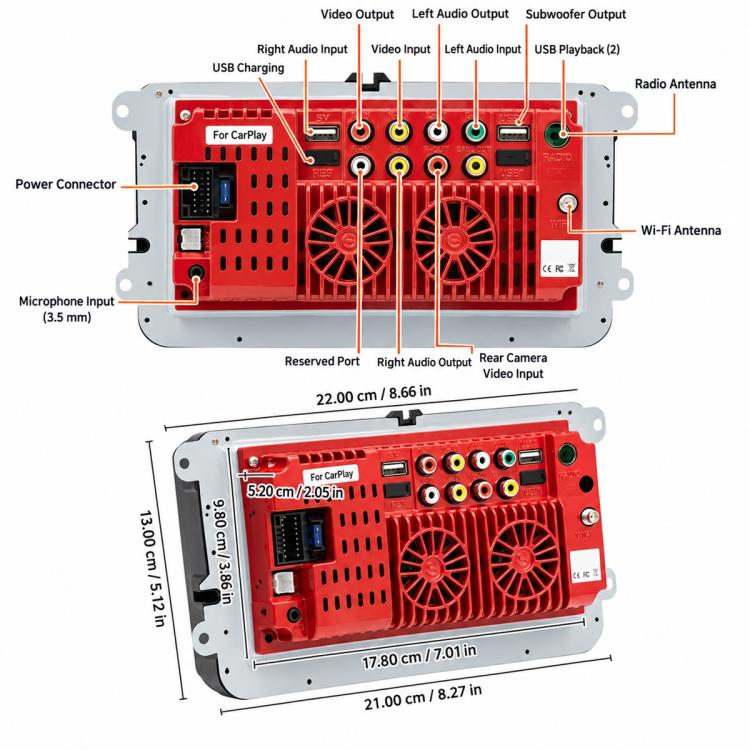 Car stereo rear connection panel with labeled audio inputs, camera input, and antenna ports