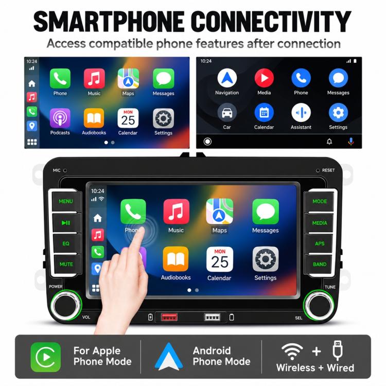 Car MP5 player showing smartphone connectivity features on the touchscreen